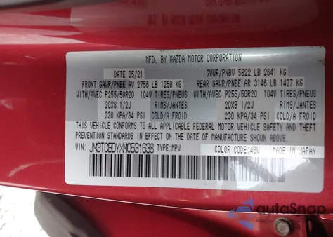 2021 Mazda Cx-9 Grand Touring из США, поврежденный, VIN JM3TCBDYXM0531638